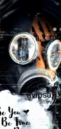 This phone live wallpaper features a man wearing a gas mask with smoke emanating from it against a graffiti-covered wall