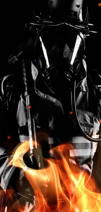 This futuristic phone live wallpaper features a striking black and white portrait of a fireman in a cyberpunk flame suit