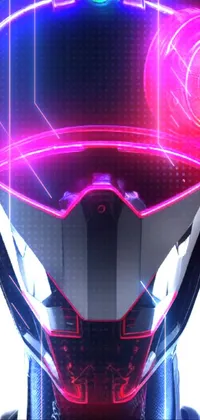This live phone wallpaper features a futuristic helmet worn by a person with glowing pink eyes