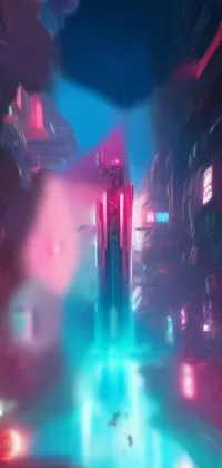 This futuristic phone live wallpaper depicts a neon-lit city at night, complete with towering glowing pillars and buildings