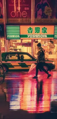 Enjoy the mesmerizing feel of this neon-packed cyberpunk live wallpaper! A colorful, retrofuturistic scene comes alive as you see a person walking down a wet street at night