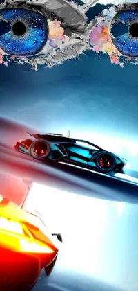 This incredible live wallpaper for your phone features a dynamic scene of two futuristic sports cars racing down a road