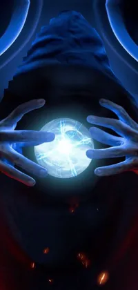 This mesmerizing phone live wallpaper features a mystical figure holding a glowing crystal ball while blue and red lightning bolts shimmer around him