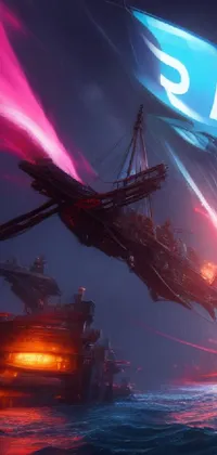 This stunning phone live wallpaper features a large cyberpunk boat floating on water