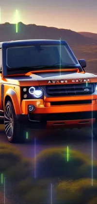 This live wallpaper showcases an orange Land Rover traversing a dirt road, rendered with stunning digital precision