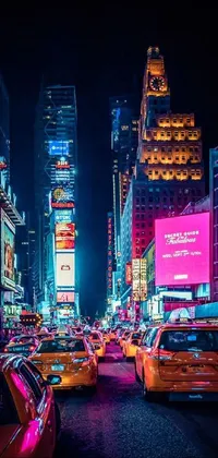 This live wallpaper features a vibrant city street at night, bustling with traffic and pedestrians