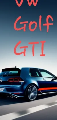This live phone wallpaper features a blue Volkswagen Golf GTI driving on a road