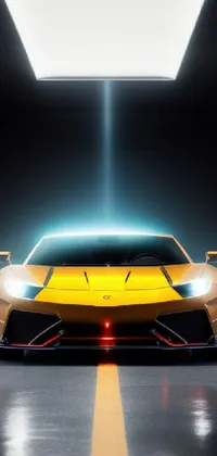 Get ready for an epic phone live wallpaper featuring a stunning yellow sports car parked in a dark room