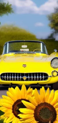 This live wallpaper boasts a vibrant yellow sportscar adorned with a beautiful sunflower, surrounded by a photorealistic collage in stunning 4k resolution