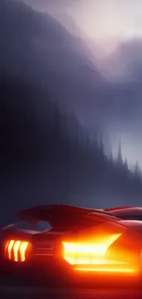 This live phone wallpaper features a sporty red car driving on a foggy road, giving an adventurous and thrilling experience