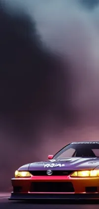 This live wallpaper features a Japanese drift car with a turbocharged engine, set against a moody smoky background