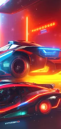 This cyberpunk live wallpaper features a dynamic scene of two futuristic supercars with glowing neon lights and a redshift render