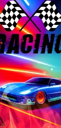 This blue sports car live wallpaper features a retrofuturistic digital painting of a car racing on a track with complementing neon signs