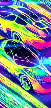 This phone live wallpaper showcases two super cars with metallic-finish paint, set against a neon-colored moving backdrop