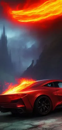 This red sports car live wallpaper features bold flames from its exhaust, driving through a magical battlefield with sauron-like design