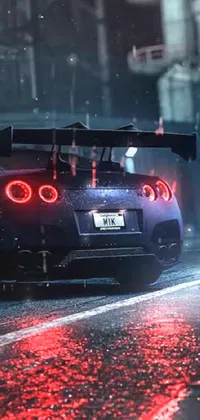 This live phone wallpaper features a stunning Nissan GTR R34 driving through neon rain on a wet city street at night