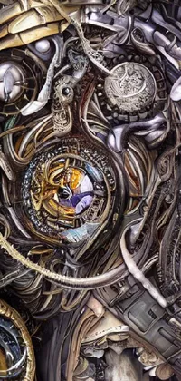 Looking for a stunning live wallpaper for your phone? Check out this industrial and futuristic design! It features a pile of assorted metal items including gears, pipes, bolts, and other mechanical parts