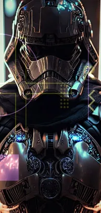 This phone live wallpaper showcases a close-up 3D render of a helmet worn by a person donning shiny Stormtrooper armor from Star Wars