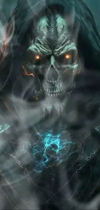 This gripping phone live wallpaper showcases a glowing-eyed skeleton with a weapon in front of a dark backdrop