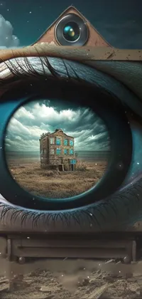 Looking for a captivating and surreal live wallpaper for your phone? Look no further than this intricate and epic composition, featuring a mesmerizing eye and a towering building in the background