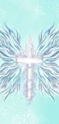 This remarkable live wallpaper depicts a blue background with a cross that has wings, featuring an opalescent, ethereal mist in Chrome Hearts style