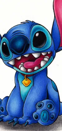 This live wallpaper depicts a charming blue dog named Stitch in detailed color pencil art