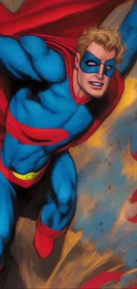 This thrilling live wallpaper features a breathtaking image of Superman in his iconic super hero costume, flying through the air with his red cape billowing behind him