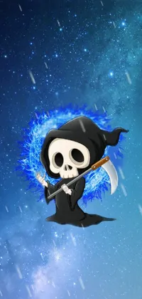 This live wallpaper for phones features a cartoon grim doll flying through a galaxy background
