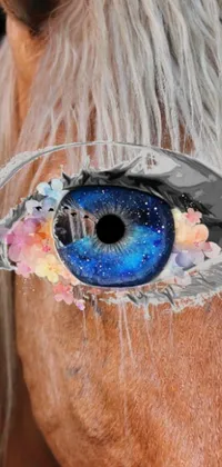 This phone live wallpaper offers a range of unique designs for users to choose from, including a rustic horse's eye with colorful flowers, psychedelic patterns that give off a groovy vibe, and a cosmic view of the universe