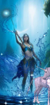 This stunning phone live wallpaper features a fearless woman standing in the water with a sword, surrounded by enchanting imagery