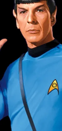 This engaging phone live wallpaper showcases an illustrated man in a blue uniform making a hand gesture, evoking the beloved film character Spock from the Star Trek franchise