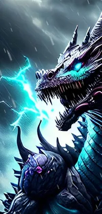 Looking for an impactful live wallpaper for your phone? Check out this stunning close-up of a dragon with lightning in the background! The dragon is wearing thunder armor and the background has a realistic dragon skin texture