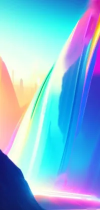 This phone live wallpaper features a stunning digital painting of a colorful waterfall showcased in a color field design