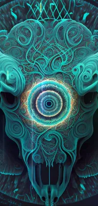 Get hypnotized with this stunning phone live wallpaper! Featuring a close-up of a horned head against a black background, the design boasts psychedelic art, including cyan-dimensional light and mandala-like white bones