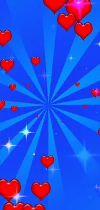 This dynamic computer art wallpaper showcases floating red hearts against a backdrop of blue TV rays