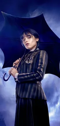This phone live wallpaper showcases a beautiful hand-drawn image of a woman holding an umbrella on a cloudy day, portraying a neo-gothic concept in a shin hanga style