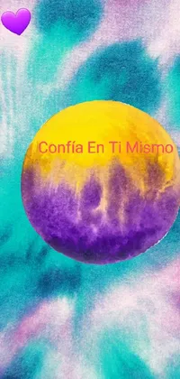 This live phone wallpaper showcases a beautiful purple and yellow balloon floating amidst a colorful tie-dye background