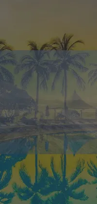 Transform your phone into a serene oasis with this stunning live wallpaper featuring a group of palm trees swaying beside a sparkling swimming pool