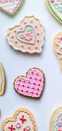 This phone wallpaper depicts a delightful scene of heart-shaped cookies on a wooden table