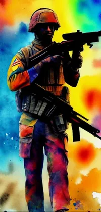 This striking live wallpaper for your phone features a watercolor painting of a soldier in action