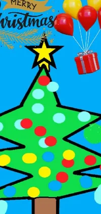 This phone live wallpaper depicts a cute animated penguin standing beside a vibrantly decorated Christmas tree