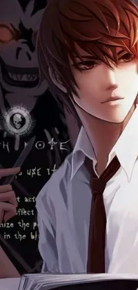 This live wallpaper features an anime-inspired drawing of a slender boy in a shirt and tie holding a glowing book