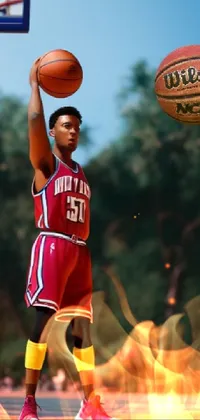 Introducing a dynamic phone live wallpaper featuring a man standing on top of a basketball court, holding a basketball