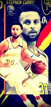 This vibrant digital live wallpaper features a man holding a glowing basketball on a beautifully detailed basketball court with the Warriors logo and players in the backdrop