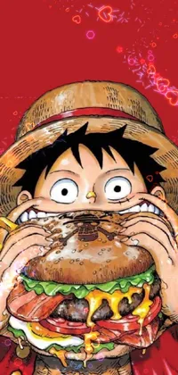 This lively phone live wallpaper captures a closeup of a tasty hamburger, set against a vibrant comic book style inspired by the iconic manga cover art