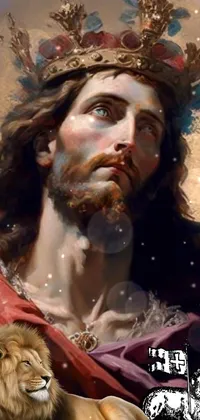 This stunning phone live wallpaper depicts a baroque painting of Jesus with a crown on his head set against heavenly clouds