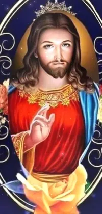 This phone live wallpaper depicts a digital rendering of Jesus with a crown, inspired by Qajar art and featuring an Instagram-style filter