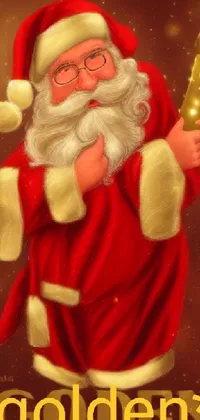 This live wallpaper depicts a charming digital painting of Santa Claus holding a golden bell