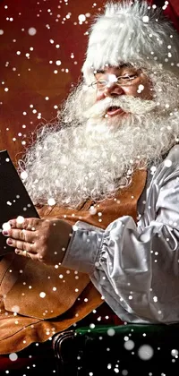 Add a touch of holiday cheer to your phone background with this festive live wallpaper featuring a wizard reading a directory while surrounded by swirls of snowflakes