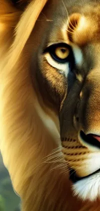 Introducing a stunning live wallpaper for your phone! This mesmerizing artwork features a close-up of a lion's face, set against a backdrop of majestic mountains